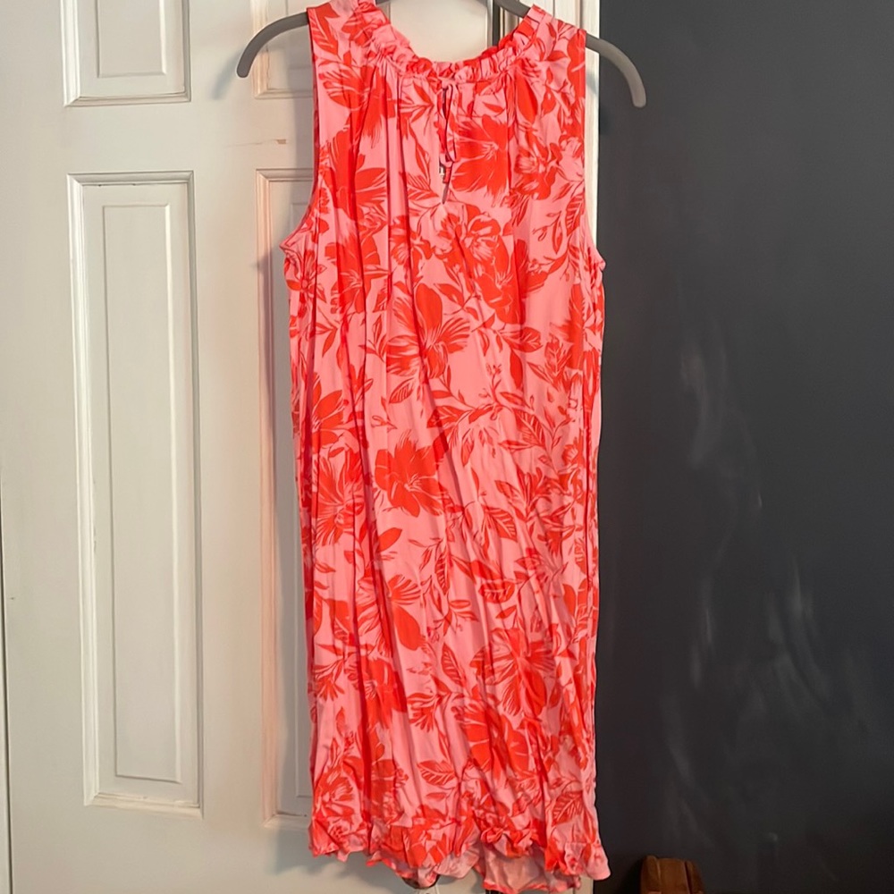 Pink and orange floral sleeveless Loft outlet dress.